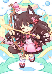 Rule 34 | 1girl, ;), aikei ake, animal ear fluff, animal ears, black sleeves, blue eyes, blush, bow, bow (weapon), brown footwear, brown hair, chibi, closed mouth, commentary request, commission, drawing bow, dress, floral print, full body, hair between eyes, head tilt, holding, holding bow (weapon), holding weapon, long hair, long sleeves, one eye closed, original, pink bow, pink dress, print sleeves, rainbow, sandals, skeb commission, smile, socks, solo, standing, standing on one leg, tail, very long hair, weapon, white socks, wide sleeves, zouri