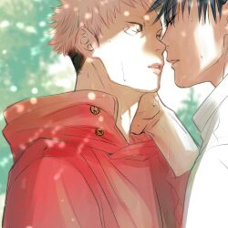 Rule 34 | 2boys, black hair, couple, dappled sunlight, day, eye contact, fushiguro megumi, hands on another&#039;s face, hood, hoodie, imminent kiss, itadori yuuji, jujutsu kaisen, looking at another, male focus, marukome0816, multiple boys, parted lips, pink hair, red hoodie, short hair, spiked hair, sunlight, sweat, upper body, yaoi, yellow eyes