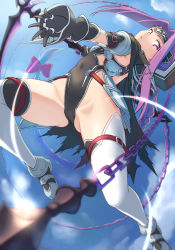 Rule 34 | 1girl, armor, black cape, black gloves, black leotard, black thighhighs, blue sky, bow, braid, breasts, buckle, cape, chain, cloud, covered navel, day, detached sleeves, fate/grand order, fate (series), faulds, forehead protector, from below, gloves, gluteal fold, groin tendon, hair bow, highleg, highleg leotard, holding, holding weapon, leotard, long hair, long sleeves, medusa (fate), medusa (lancer) (fate), medusa (rider) (fate), midair, nyantiu, outdoors, pink bow, purple eyes, purple hair, rider, scythe, single braid, sky, solo, sunlight, thighhighs, thighs, very long hair, weapon, whip, white footwear
