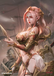 Rule 34 | 1girl, antilous, armor, army, arrow (projectile), bare shoulders, bikini armor, blurry, blurry background, bow (weapon), braid, breasts, chess piece, chinese commentary, commentary request, cowboy shot, detached sleeves, earrings, elf, english text, eyelashes, fingernails, flag, forehead jewel, from side, head chain, headgear, holding, holding arrow, holding weapon, jewelry, knight (chess), large breasts, lips, long hair, looking away, makeup, mascara, medium breasts, navel, orange eyes, original, pearl earrings, pelvic curtain, pink hair, pointy ears, ponytail, red lips, see-through, sharp fingernails, showgirl skirt, solo focus, thigh strap, thighhighs, veil, weapon