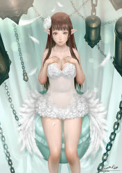 Rule 34 | 1girl, ariverkao, bare arms, bare legs, bare shoulders, breasts, brown eyes, brown hair, chain, cleavage, covered navel, dated, dress, feathers, female focus, flower, gradient background, hair flower, hair ornament, hands on own chest, large breasts, long hair, original, pointy ears, see-through, showgirl skirt, signature, sleeveless, sleeveless dress, solo, very long hair, white dress