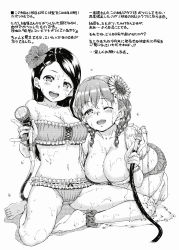 Rule 34 | 2girls, barefoot, blush, braid, breasts, cleavage, feet, flower, greyscale, hair flower, hair ornament, hamao, highres, hose, large breasts, long hair, looking at viewer, monochrome, multiple girls, one eye closed, open mouth, simple background, smile, swimsuit, toes, twin braids, wet, white background