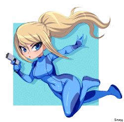 Rule 34 | 1girl, absurdres, artist name, blonde hair, blue background, blue bodysuit, blue eyes, bodysuit, breasts, closed mouth, covered collarbone, covered navel, directed-energy weapon, energy gun, energy weapon, expressionless, eyelashes, finger on trigger, full body, gun, hair between eyes, handgun, highres, holding, holding gun, holding weapon, lips, long hair, looking at viewer, medium breasts, metroid, mole, mole under mouth, nintendo, paralyzer, pistol, ponytail, samus aran, shadow, simmsy, skin tight, solo, swept bangs, thighs, v-shaped eyebrows, weapon, white background, zero suit