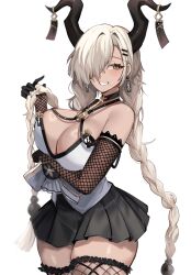 Rule 34 | 1girl, absurdres, asymmetrical bangs, azur lane, bare shoulders, black gloves, blonde hair, braid, breasts, dark-skinned female, dark skin, gloves, hair over one eye, highres, horns, jewelry, large breasts, long bangs, long hair, looking at viewer, mindoll, mole, mole under mouth, one eye covered, owari (azur lane), simple background, smile, solo, strapless kimono, twin braids, very long hair, white background, yellow eyes