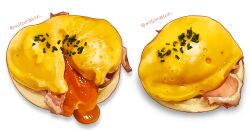 Rule 34 | artist name, bacon, chives, egg (food), eggs benedict, food, food focus, highres, mitomaton, no humans, original, realistic, simple background, still life, twitter username, white background
