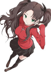 Rule 34 | 1girl, absurdres, black hair, brown footwear, closed mouth, fate/stay night, fate (series), from above, full body, green eyes, hand up, highres, loafers, long hair, looking at viewer, miniskirt, parted bangs, pleated skirt, red sweater, shoes, simple background, skirt, smile, solo, standing, sweater, thighhighs, tohsaka rin, turtleneck, turtleneck sweater, wavy hair, white background, yamamoto souichirou