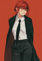 Rule 34 | 1girl, arms behind back, black coat, black necktie, black pants, braid, braided ponytail, chainsaw man, coat, collared shirt, formal, highres, looking to the side, makima (chainsaw man), medium hair, necktie, niroxin, orange eyes, pants, red background, red hair, ringed eyes, shirt, shirt tucked in, simple background, solo, suit, white shirt