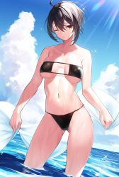 Rule 34 | 1girl, ahoge, bare arms, bare shoulders, bikini, black bikini, black hair, blue sky, breasts, breasts apart, closed mouth, cloud, collarbone, contrapposto, day, eyepatch bikini, highres, holding, large breasts, looking at viewer, navel, ocean, one eye closed, original, outdoors, red eyes, short hair, sky, solo, standing, stomach, string bikini, sunlight, swimsuit, thighs, towel, wading, water, yamanokami eaka