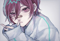 Rule 34 | 1boy, bandaid, bandaid on face, bandaid on nose, blue lock, blush, chigiri hyoma, closed mouth, green stripes, grey background, jacket, long sleeves, looking at viewer, male focus, red eyes, red hair, short hair, sleeves past wrists, solo, white jacket, yuhiyo