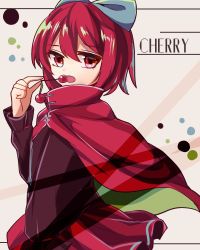 Rule 34 | 1girl, bow, cape, cherry, eating, food, fruit, hair bow, itsumizu, long sleeves, red eyes, red hair, sekibanki, short hair, skirt, solo, touhou