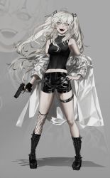 Rule 34 | 1girl, blackbox (blackbox9158), blue eyes, boots, breasts, full body, grey background, gun, hair between eyes, handgun, hands on own hips, heart, heart-shaped pupils, highres, holding, holding weapon, jacket, jacket partially removed, korean commentary, legband, long hair, looking at viewer, medium breasts, navel, open mouth, original, pistol, shorts, sleeveless, smile, solo, symbol-shaped pupils, twintails, upper body, weapon, white hair