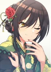 1girl absurdres black_hair blush breasts commentary_request earrings flower gradient_background green_kimono hair_between_eyes hair_bun hair_flower hair_ornament hanetsuka highres idolmaster idolmaster_shiny_colors japanese_clothes jewelry kimono large_breasts long_hair long_sleeves looking_at_viewer nail_polish one_eye_closed red_nails shirase_sakuya sidelocks simple_background single_hair_bun smile solo upper_body yellow_eyes