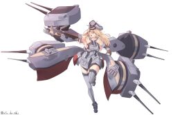 Rule 34 | 1girl, absurdres, anchor, atodashi, bare shoulders, bismarck (kancolle), blonde hair, blue eyes, breasts, brown gloves, cannon, collar, detached sleeves, full body, gloves, grey thighhighs, hair between eyes, hat, highres, kantai collection, large breasts, long hair, metal collar, military hat, military uniform, open mouth, peaked cap, rigging, signature, simple background, solo, standing, standing on one leg, thighhighs, torpedo, turret, uniform, very long hair, white background