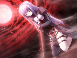 Rule 34 | 1girl, blood, blue hair, game cg, impaled, kneeling, long hair, red sky, silver hair, sky, solo, tagme, thigh strap, yellow eyes