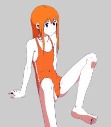 Rule 34 | 1girl, arm support, barefoot, blush, colored skin, covered navel, feet, female focus, flat chest, highres, long hair, matching hair/eyes, one-piece swimsuit, orange eyes, orange hair, orange one-piece swimsuit, original, school swimsuit, shokubai phantom girl, simple background, sitting, soles, solo, swimsuit, toes, white skin