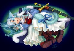 Rule 34 | absurdres, animal ears, berille von bayern, blue eyes, blue hair, bow, bowtie, cat ears, cat girl, cat tail, dress, fuzzy clothes, highres, mick.ono, non-web source, paw pose, scabbard, sheath, slit pupils, sword, tail, weapon, white dress