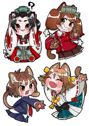 Rule 34 | 4girls, :3, ?, animal ear fluff, animal ears, animal hands, arms up, black hair, black jacket, blush, brown hair, cat ears, cat girl, cat tail, closed eyes, detached sleeves, fang, grin, hat, headgear, hiei (kancolle), hime kake, jacket, japanese clothes, kantai collection, kariginu, long hair, magatama, miko, multiple girls, necktie, nisshin (kancolle), open mouth, plaid, plaid skirt, pleated skirt, red necktie, ribbon-trimmed sleeves, ribbon trim, ryuujou (kancolle), shikigami, simple background, skirt, smile, tail, twintails, visor cap, wakaba (kancolle), white background