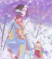 Rule 34 | 1girl, 1other, bare tree, commentary, day, english commentary, folding fan, hand fan, hat, highres, japanese clothes, kimono, looking at viewer, monohimawari, original, outdoors, red headwear, red scarf, scarf, short hair, standing, tree, wide sleeves