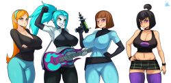 Rule 34 | 1girl, 4girls, absurdres, alternate breast size, alternate legwear, aqua eyes, aqua hair, aqua hairband, aqua pants, arm up, armpits, arms under breasts, artist name, bare shoulders, belt, black gloves, black hair, black shirt, black skirt, black tank top, blue bodysuit, blue hairband, blue pants, blue skin, blunt bangs, blunt ends, blush, bodysuit, breasts, brown hair, cameltoe, choker, cleavage, cleft of venus, closed mouth, collarbone, colored skin, covered erect nipples, cowboy shot, crossed arms, danny phantom, derivative work, ear piercing, earrings, elbow gloves, ember mclain, everyone, gloves, goth fashion, green eyes, guitar, gun, hairband, hand on own hip, highres, holding, holding gun, holding instrument, holding weapon, impossible bodysuit, impossible clothes, instrument, jasmine fenton, jewelry, jmg, large breasts, long hair, long sleeves, looking at viewer, maddie fenton, mature female, midriff, multiple girls, navel, orange hair, pants, pantyhose, parted lips, photo-referenced, piercing, plaid, plaid skirt, ponytail, purple eyes, purple thighhighs, reference work, sam manson, shirt, short hair, sidelocks, signature, simple background, single glove, skin tight, skirt, smile, solo, tank top, thighhighs, very long hair, weapon, white background