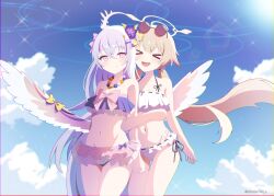 Rule 34 | &gt; &lt;, 2girls, :d, angel wings, arm hug, aya-cis, azusa (blue archive), azusa (swimsuit) (blue archive), bead necklace, beads, bikini, blue archive, blue sky, bow, brown hair, cloud, cloudy sky, collarbone, commentary request, eyewear on head, feathered wings, flower, frilled bikini, frills, groin, hair between eyes, hair bow, hair flower, hair ornament, hair ribbon, hairclip, halo, hifumi (blue archive), hifumi (swimsuit) (blue archive), highres, jewelry, lens flare, long hair, looking at viewer, low twintails, multiple girls, navel, necklace, official alternate costume, open mouth, outdoors, pendant, purple eyes, ribbon, side-tie bikini bottom, sidelocks, sky, sleeveless, smile, spaghetti strap, stomach, sun, sunglasses, sunlight, swimsuit, twintails, white hair, white wings, wings, xd