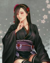 1girl artist_name black_hair black_kimono black_thighhighs blush bow breasts closed_mouth collarbone commentary cowboy_shot falling_petals final_fantasy final_fantasy_vii final_fantasy_vii_remake finger_to_mouth floral_background flower flower_hairband grey_bow hair_flower hair_ornament hanaflans hand_up highres index_finger_raised japanese_clothes kimono lips long_hair long_sleeves medium_breasts obi official_alternate_costume petals purple_sash red_eyes red_flower red_lips sash sash_bow short_kimono shushing sitting smile solo symbol-only_commentary thighhighs tifa_lockhart tifa_lockhart_(exotic_dress) wide_sleeves zettai_ryouiki