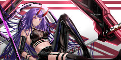 Rule 34 | 1girl, asymmetrical footwear, axylon, belt, bikini, bikini top only, black bikini, black footwear, black shorts, boots, breasts, cleavage, closed mouth, disembodied limb, highres, holding, holding sword, holding weapon, honkai (series), honkai impact 3rd, horns, katana, latex, long hair, looking at viewer, mismatched footwear, purple hair, raiden mei, raiden mei (herrscher of thunder), sheath, sheathed, shorts, smile, solo, swimsuit, sword, thigh boots, weapon