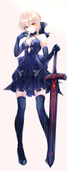 Rule 34 | 1girl, absurdres, artoria pendragon (all), artoria pendragon (fate), bare shoulders, blonde hair, blue bow, blue dress, blue footwear, blue gloves, blue thighhighs, blush, bow, breasts, cleavage, closed mouth, collarbone, commentary request, dress, elbow gloves, excalibur morgan (fate), fate/grand order, fate (series), full body, gloves, gradient background, hair bow, halter dress, halterneck, hand up, highres, holding, holding sword, holding weapon, legs apart, light smile, looking at viewer, medium breasts, minin982, pink background, saber alter, short hair, sleeveless, sleeveless dress, solo, standing, sword, thighhighs, weapon, yellow eyes, zettai ryouiki