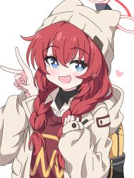Rule 34 | 1girl, absurdres, backpack, bag, beanie, blue archive, blue eyes, blush, braid, brown vest, collared shirt, grey hat, grey jacket, halo, hat, heart, highres, jacket, long hair, long sleeves, looking at viewer, maki (blue archive), maki (camp) (blue archive), mangyu0111, official alternate costume, official alternate hairstyle, open clothes, open jacket, open mouth, red hair, red halo, shirt, smile, solo, twin braids, upper body, v, vest, white shirt