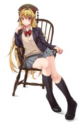 Rule 34 | 1girl, absurdres, alternate costume, amagi (amagi626), black footwear, black socks, blazer, blonde hair, bow, bowtie, chair, commentary request, contemporary, crescent, grey skirt, hat, highres, jacket, junko (touhou), kneehighs, long hair, miniskirt, paid reward available, pleated skirt, red bow, red bowtie, red eyes, school uniform, shoes, simple background, sitting, skirt, socks, solo, sweater, tassel, touhou, uniform, v-neck, very long hair, white background