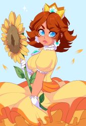 Rule 34 | 1girl, blue background, blue eyes, breasts, brown hair, closed mouth, collar, crown, dark-skinned female, dark skin, dress, earrings, female focus, flower, freckles, frilled dress, frills, gloves, highres, jewelry, lips, looking at viewer, mario (series), medium breasts, mole, mole under mouth, nintendo, parted bangs, princess daisy, puffy sleeves, queen ashi, short hair, short sleeves, simple background, solo, sunflower, white gloves, yellow dress