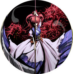Rule 34 | 1girl, canary4, canary (artist), circle, dress, female focus, flower, ghost, hair bobbles, hair ornament, onozuka komachi, red eyes, red hair, scythe, solo, spider lily, touhou