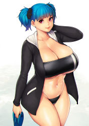 Rule 34 | 1girl, absurdres, beach, black hoodie, black scrunchie, blue hair, blunt bangs, breasts, cleavage, closed mouth, collarbone, commentary, cowboy shot, english commentary, erkaz, flip-flops, gris swimsuit, groin, hair ornament, hair scrunchie, hand on own head, hand up, highres, holding, holding clothes, holding footwear, hood, hood down, hoodie, huge breasts, long sleeves, looking at viewer, meme attire, navel, ocean, original, outdoors, pink lips, red eyes, rina atherina, sandals, scrunchie, see-through, short hair, skindentation, smile, solo, standing, twintails