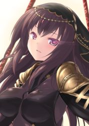 Rule 34 | 1girl, absurdres, armor, blush, bodysuit, breasts, brown hair, close-up, fate/grand order, fate (series), glowing, glowing eyes, highres, large breasts, leanbox, light smile, long hair, looking at viewer, parted lips, pink eyes, sasakura momiji, scathach (fate), shoulder armor, smile, solo, upper body, veil