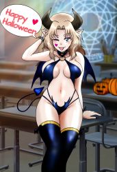Rule 34 | 1girl, black thighhighs, blonde hair, blue eyes, blush, breasts, cosplay, demon girl, demon horns, demon tail, demon wings, fangs, girls und panzer, halloween, halloween costume, highres, hiyama yuu (wee259hiyama), horns, jack-o&#039;-lantern, kay (girls und panzer), large breasts, long hair, looking at viewer, navel, navel piercing, one eye closed, piercing, pointy ears, slingshot swimsuit, solo, swimsuit, tail, thighhighs, tongue, tongue out, wings