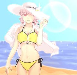 Rule 34 | 1girl, beach, bikini, breasts, day, fate/grand order, fate (series), florence nightingale (chaldea lifesavers) (fate), florence nightingale (fate), hat, highres, large breasts, navel, off shoulder, pink hair, purecoma, red eyes, solo, swimsuit, thigh gap, underboob, yellow bikini, zipper