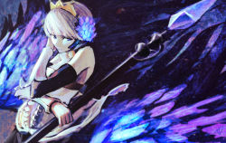 Rule 34 | 1girl, bad id, bad pixiv id, blue eyes, dress, gwendolyn (odin sphere), multicolored wings, odin sphere, polearm, silver hair, solo, spear, strapless, strapless dress, total, valkyrie, weapon, wings