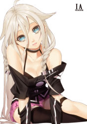 Rule 34 | 1girl, bare shoulders, blonde hair, blue eyes, braid, breasts, character name, cleavage, ia (vocaloid), long hair, off shoulder, open mouth, sentoiro, simple background, single thighhigh, sitting, skirt, solo, thigh strap, thighhighs, twin braids, very long hair, vocaloid