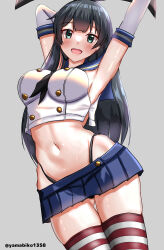 Rule 34 | 1girl, absurdres, agano (kancolle), arms up, black hair, black hairband, black neckerchief, black panties, blue sailor collar, blue skirt, blush, breasts, cosplay, cowboy shot, elbow gloves, gloves, grey background, hairband, highleg, highleg panties, highres, kantai collection, large breasts, long hair, looking at viewer, microskirt, mizuki (uzuki no sato), navel, neckerchief, open mouth, panties, sailor collar, shimakaze (kancolle), shimakaze (kancolle) (cosplay), skirt, smile, solo, striped clothes, striped thighhighs, thighhighs, thighs, twitter username, underwear, white gloves