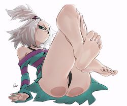 Rule 34 | ass, barefoot, black panties, blue eyes, breasts, cameltoe, commission, creatures (company), dress, foot focus, forehead, foreshortening, game freak, highres, looking at viewer, nail polish, nintendo, panties, perspective, pokemon, pokemon bw2, roxie (pokemon), sitting, small breasts, solo, spicy bardo, strapless, strapless dress, striped clothes, striped dress, thighs, toenail polish, toenails, topknot, underwear, white hair