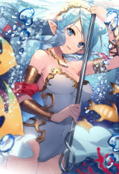 Rule 34 | 1girl, :d, air bubble, arm up, armlet, bare shoulders, blue eyes, blurry, blurry foreground, breasts, bubble, cleavage, covered navel, cowboy shot, depth of field, doushite, fish, floating hair, granblue fantasy, highres, holding, holding staff, leotard, long hair, looking at viewer, neptune (granblue fantasy), open mouth, pointy ears, silver hair, smile, solo, staff, strapless, underwater, water drop, weapon