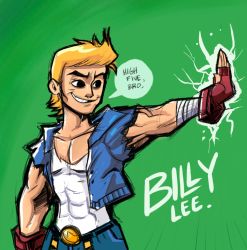 Rule 34 | 1boy, abs, arc system works, belt buckle, billy lee, blonde hair, buckle, character name, double dragon, grin, high five, jacket, jmd, justin m. durden, male focus, muscular, pectorals, smile, solo, tank top, vest