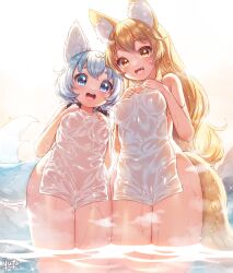 Rule 34 | 2girls, :d, animal ears, black bow, blonde hair, blue eyes, blue hair, blush, bow, breasts, cameltoe, cleft of venus, commentary request, covered navel, covering privates, fang, fox ears, fox girl, fox tail, hair bow, highres, korin (shironeko project), koyomi (shironeko project), long hair, looking at viewer, low-tied sidelocks, medium breasts, multiple girls, nude cover, open mouth, paid reward available, shironeko project, short hair, small breasts, smile, tail, teeth, towel, upper teeth only, variant set, wading, yellow eyes, yufukiri