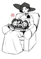 Rule 34 | 4girls, aged down, alcina dimitrescu, bad id, bad twitter id, bela dimitrescu, black gloves, black hair, black headwear, book, breasts, cassandra dimitrescu, chair, child, cleavage, closed eyes, daniela dimitrescu, drawing, dress, gloves, greyscale, hat, highres, holding, holding book, hood, kamii momoru, large breasts, limited palette, long dress, monochrome, mother and daughter, motherly, multiple girls, no pupils, reading, resident evil, resident evil village, shaded face, simple background, sitting, size difference, sun hat, vampire, white background, white eyes