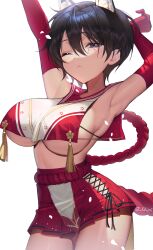 Rule 34 | 1girl, absurdres, animal ears, armpits, arms up, black eyes, black hair, blue archive, blush, breast curtain, breasts, closed mouth, commentary, cowboy shot, cross-laced clothes, elbow gloves, gloves, hair between eyes, highres, kkuni, large breasts, looking at viewer, miniskirt, one eye closed, petals, pleated skirt, red gloves, red skirt, revealing clothes, rope, sailor collar, shimenawa, short hair, sideboob, simple background, skirt, solo, standing, stretching, tassel, tsubaki (blue archive), twitter username, underboob, white background