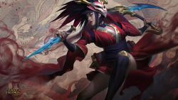 Rule 34 | 1girl, akali, alternate costume, black hair, black thighhighs, blood moon akali, chinese clothes, dagger, dragon, dual wielding, green eyes, highres, holding, knife, league of legends, long hair, mask, official art, sickle, solo, thighhighs, weapon