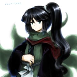 Rule 34 | 1other, adagumo no yaorochi, androgynous, anmita (rarutos), black hair, closed mouth, commentary request, green eyes, green scarf, len&#039;en, long hair, multiple tails, one-hour drawing challenge, scarf, side ponytail, simple background, snake tail, solo, tail, translation request, upper body, white background