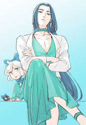 Rule 34 | 2boys, aqua dress, black hair, blue background, blue bow, bow, choker, crossdressing, crossed arms, crossed legs, dress, earrings, expressionless, feet out of frame, gradient background, hair bow, highres, jacket, jewelry, long hair, long sleeves, looking at viewer, luo xiaohei, luo xiaohei (human), luo xiaohei zhanji, micho, multiple boys, short hair, sitting, white hair, white jacket, wuxian (the legend of luoxiaohei)