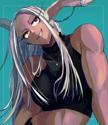 Rule 34 | 1girl, animal ears, bare shoulders, belly, black tube top, blue background, boku no hero academia, breasts, chain, dark skin, ear chain, evil smile, highres, jewelry, large breasts, long hair, midriff, midriff peek, mirko, mmsb 551, muscular, muscular female, necklace, rabbit ears, red eyes, simple background, smile, solo, strapless, tube top, white hair