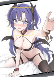 Rule 34 | 1girl, bare shoulders, black bra, black panties, blue archive, blush, bra, breasts, chain, cleavage, collar, collarbone, condom, condom wrapper, covered erect nipples, cuffs, demon tail, fangs, fpanda, garter straps, groin, highres, long hair, looking at viewer, medium breasts, navel, on bed, open mouth, panties, parted bangs, purple eyes, purple hair, reaching, reaching towards viewer, shackles, signature, single thighhigh, sitting, skin fangs, solo, tail, thighhighs, two side up, underwear, v-shaped eyebrows, wariza, wings, yuuka (blue archive)