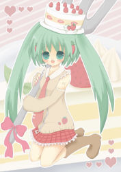Rule 34 | aqua eyes, bad id, bad pixiv id, boots, cake, detached sleeves, food, food-themed clothes, fork, fruit, green hair, hat, hatsune miku, kneeling, long hair, necktie, pastry, skirt, sora yuu, strawberry, twintails, vocaloid
